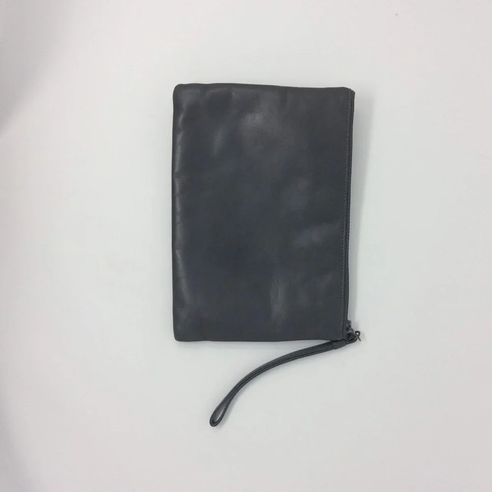 Vintage Gray Leather Clutch Bag w/Decorative Rose